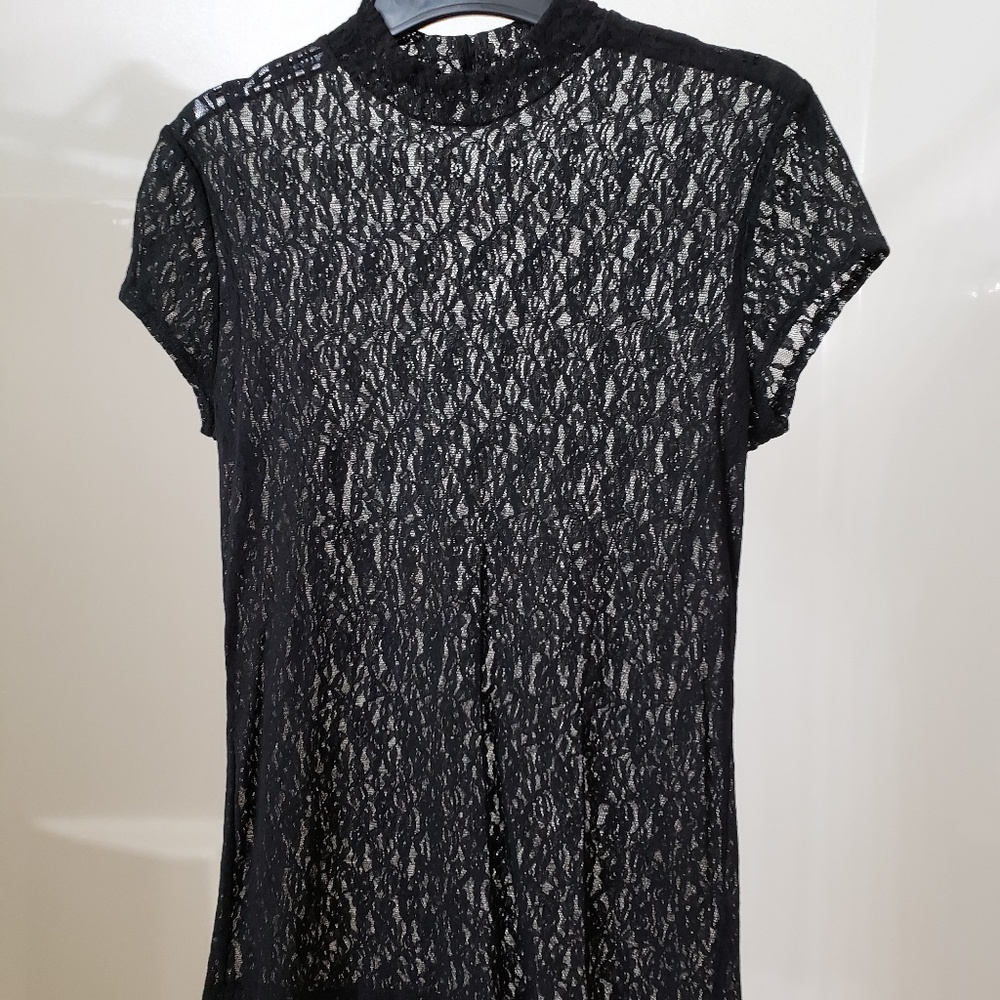 Black Lace See Through Top with Cap Sleeves Small